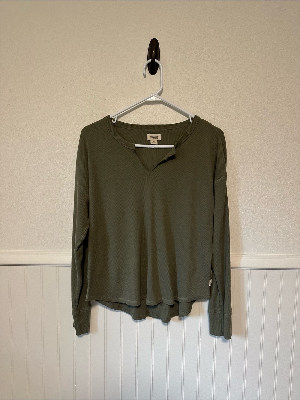 UpWest Olive Green Ribbed Split Neck Long Sleeve Top Size M